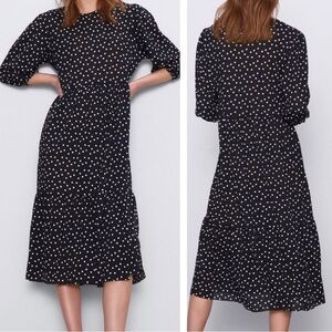 Zara Polka Dot Black and White Puff Sleeves Ruffle Relaxed Fit Midi Dress S